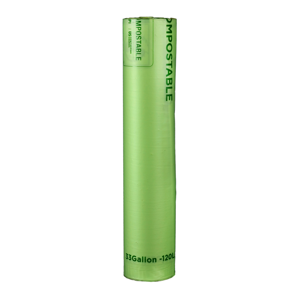 *SPECIAL ORDER ITEM* Can Liner, 33"X39", 1 mil, Green with Black Print, perforated rolls, 33 Gallon Capacity, Compostable, 150/cs *ESTIMATED DELIVERY TIME 6-8 WEEKS* (NOT RETURNABLE)