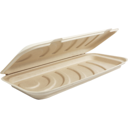 Flat Bread/Pizza Box Take-Out Container, Hinged, Size: 13.7”x6.6”x1.25”H, Material: bamboo and unbleached plant fiber, Compostable, 200/cs