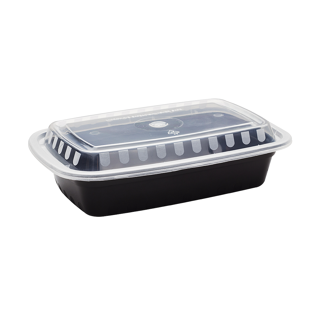 24 oz PP Injection Molded Microwaveable Black Food Containers w/clear lids, RECTANGULAR, Size: 7.75"x5.5"x1.6", 150 sets/cs