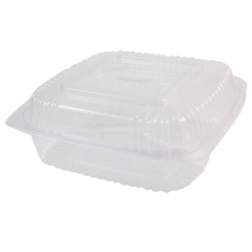 [004096-01] 1 Compartment Container, Hinged Clamshell, 8"x8"x3", Clear, Material: PLA, Compostable, 300/cs