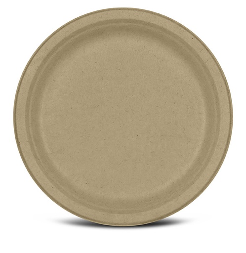 [004172-47] Round Plate, 9", Compostable, Kosher Certified, Chlorine-free Natural Sugarcane, Kraft, 500/cs, Made in USA