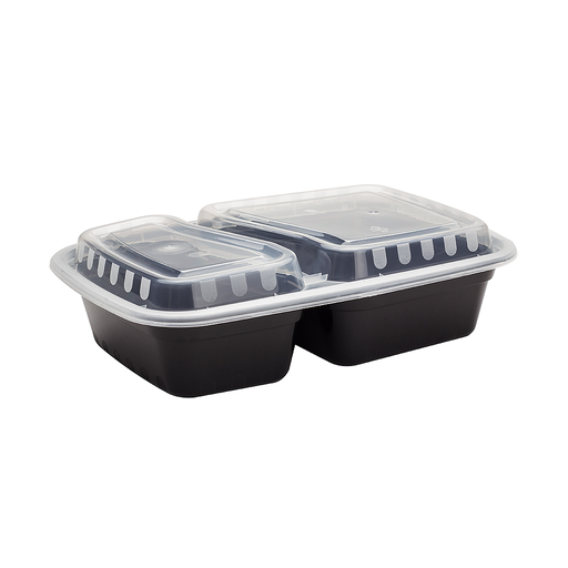 [004201-02] 30 oz PP Injection Molded Microwaveable Black Food Containers w/clear lids, RECTANGULAR, 2-compartment, 8.8"x6.1"x1.9" (Karat, 150sets/ctn)