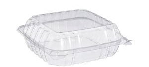 Food Container with Hinged Lid, 1 Compartment, 8.3"X8.3"X3", Color: Clear, Material: OPS (Oriented Polystyrene), Container Base Capacity: 46 fl oz, 125 Containers/Bag; 2 Bags/Cs; 250 Containers/Cs