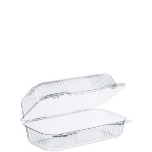 Food Container with Hinged Lid, 1 Compartment, 9"X5.38"X3.5", Color: Clear, Material: OPS (Oriented Polystyrene), Container Base Capacity: 29.7 fl oz, 125 Containers/Bag; 2 Bags/Cs; 250 Containers/Cs