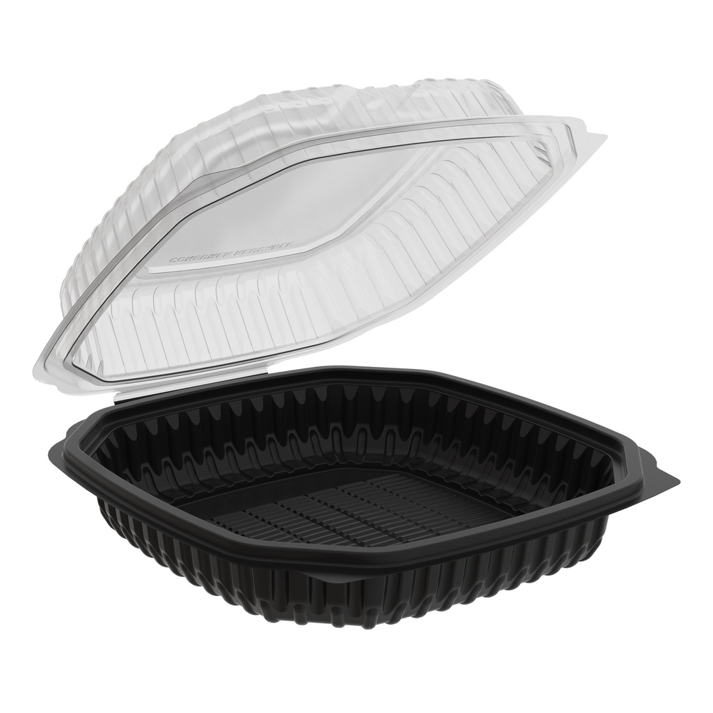 Microwaveable Hinged Vented Container BLK/CLR Poly Pro, 1 Compartment, Size: 47.5 oz; 10.5"x9.5"x3"H, 100/cs