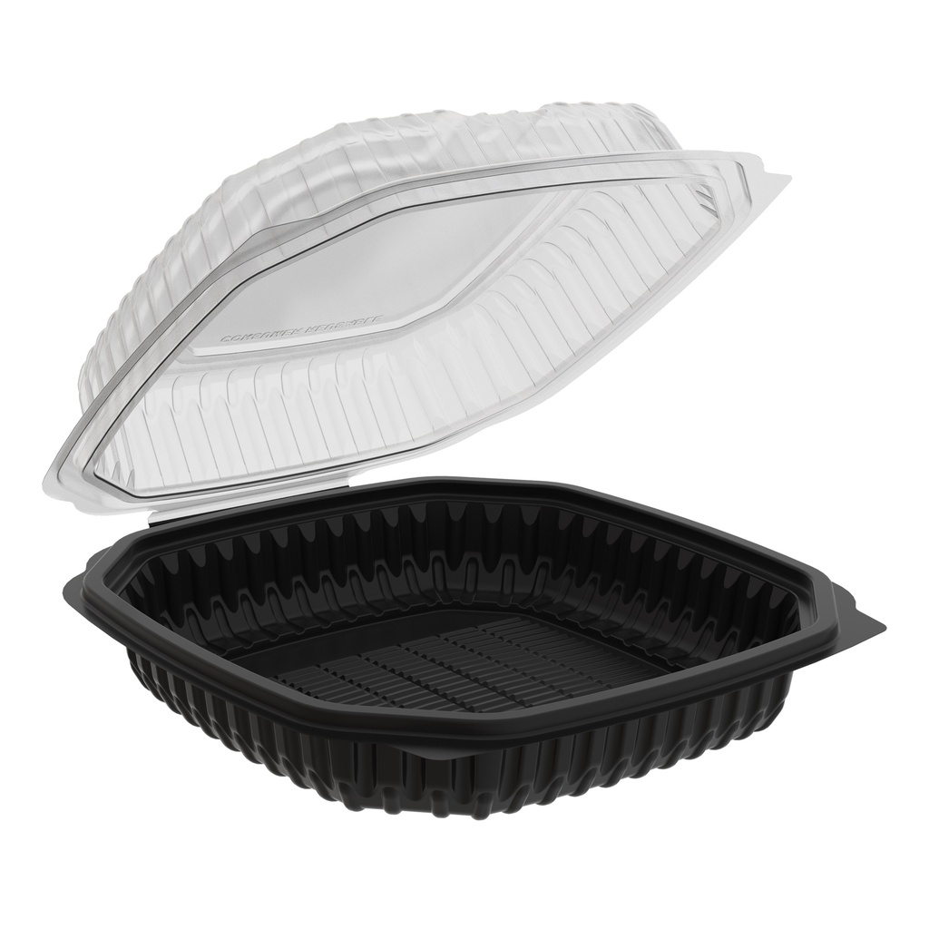 Microwaveable Hinged Vented Container, Black Base with Clear Lid, 1 Compartment, Size: 47.5 oz; 10.5"x9.5"x3"H, 120/cs