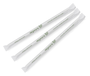 Compostable drinking straw, Length: 8.25", Paper Wrapped, Diameter: 7mm, Material: Plant based material, Color: Clear with green stripe, 3000/cs