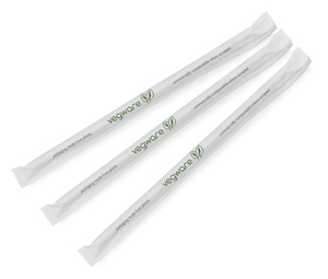 Compostable drinking straw, Length: 8.25", Paper Wrapped, Diameter: 7mm, Material: Plant based material, Color: white with green stripe, 3000/cs