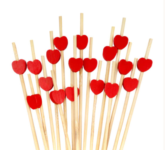 Heart Pick, Color: Red, Length: 5.9", Compostable, 100 Picks/Bag; 10 Bags/Box; 1000 Picks/Box