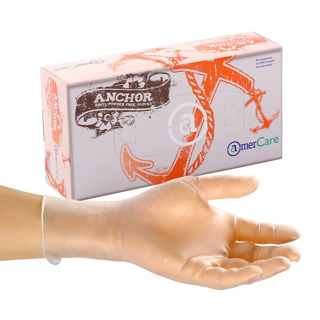 Vinyl Gloves, Powder Free, Size: Large, Color: Clear, General Purpose, FDA Approved for Food Contact, 100 Gloves/Box; 10 Boxes/Cs; 1000 Gloves/cs