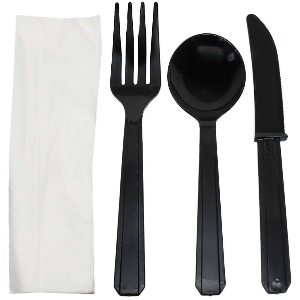 Combo, Fork, knife, soup spoon & white 1-ply napkin cutlery kit, Color: Black, Heavy Weight, 250 kits/cs