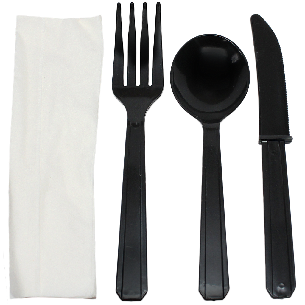 [007002-03] Combo, Fork, knife, soup spoon & white 1-ply napkin cutlery kit, Color: Black, Heavy Weight, 250 kits/cs