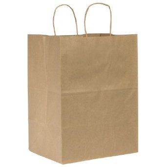 Paper Bag with Handles, Size: 12"x9"x15.75", Color: Kraft, Compostable, 200/cs