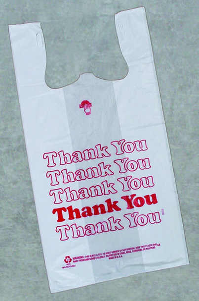 Plastic Bag with Handles, T-Shirt, Size: 12x7x22, Color: White with red Thank You print, 850/cs