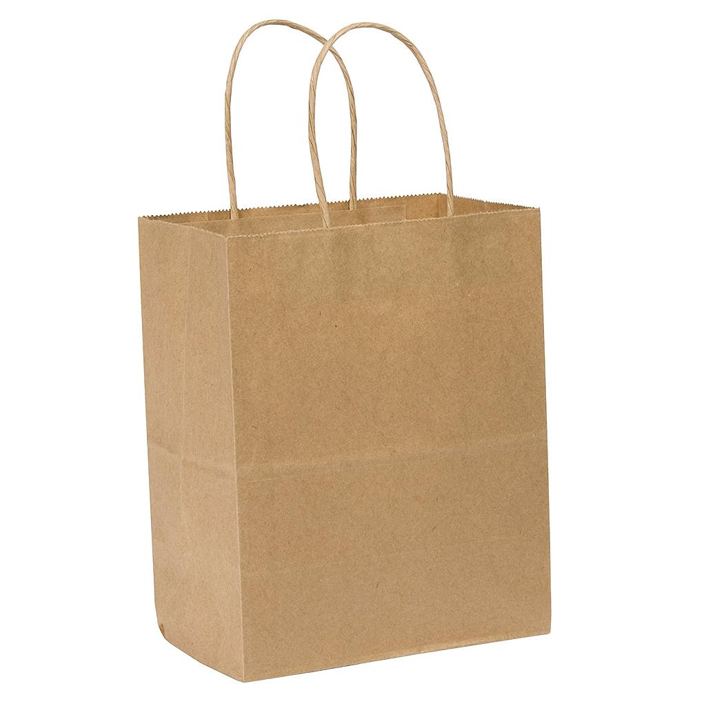 [008019-03] Paper Bag with Handles, Size: 8"x4.5"x10.25", Color: Kraft, Compostable, Material: 100% Recycled Paper (Minimum 60% Post-Consumer Content), 250/cs