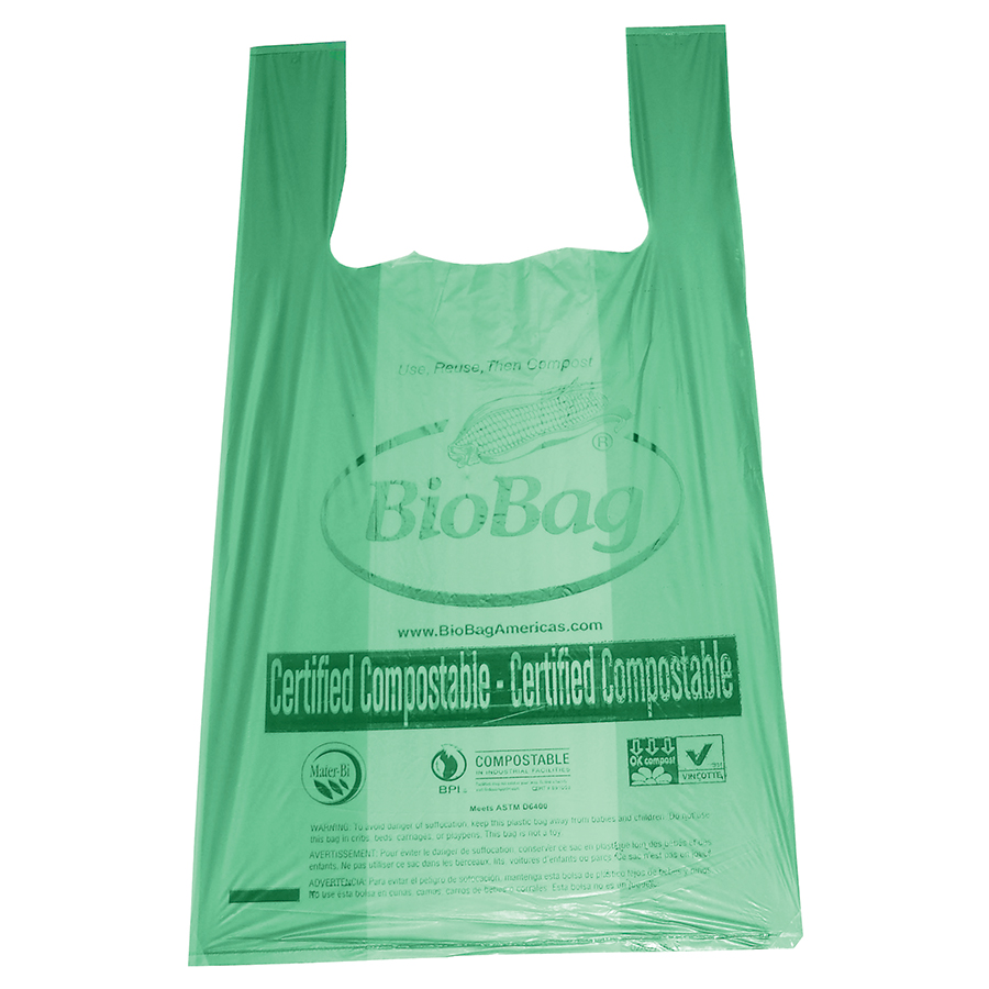 **SPECIAL ORDER 10 CASE MINIMUM. 3 WEEK LEAD TIME**  T-Shirt Bag with Handles, Size: 16.1"x19.7", Thickness: 0.8 Mil, Color: Green with black print, Compostable, 500/cs