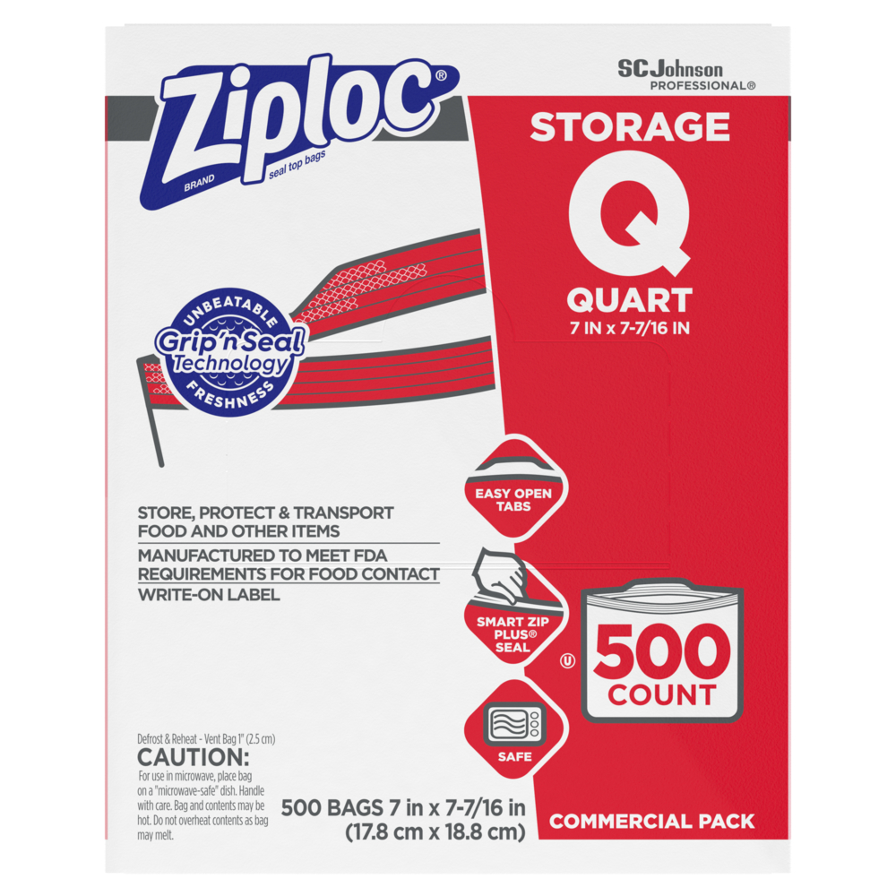 ZIPLOC Double Zipper Storage Bag, Size: 1 Quart, Material: Plastic, 1.75 Mil, Color: Clear with Write-On ID Labels, 500/Cs