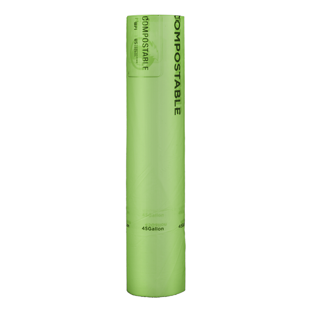 Can Liner, 40"X46", 1 mil, Color: Green with Black Print, perforated rolls, 40-45 Gallon Capacity, Compostable, 100/cs