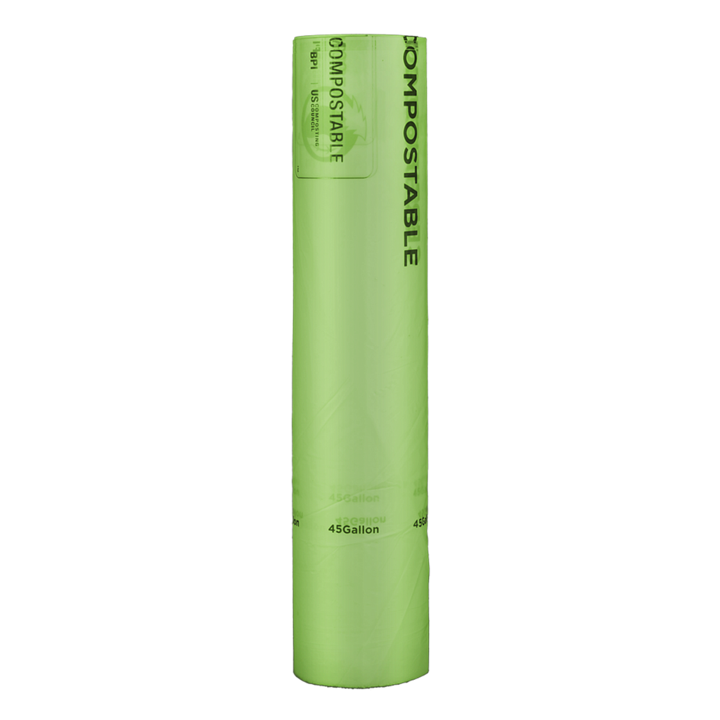 Can Liner, 40"X46", 1 mil, Color: Green with Black Print, perforated rolls, 40-45 Gallon Capacity, Compostable,100/cs