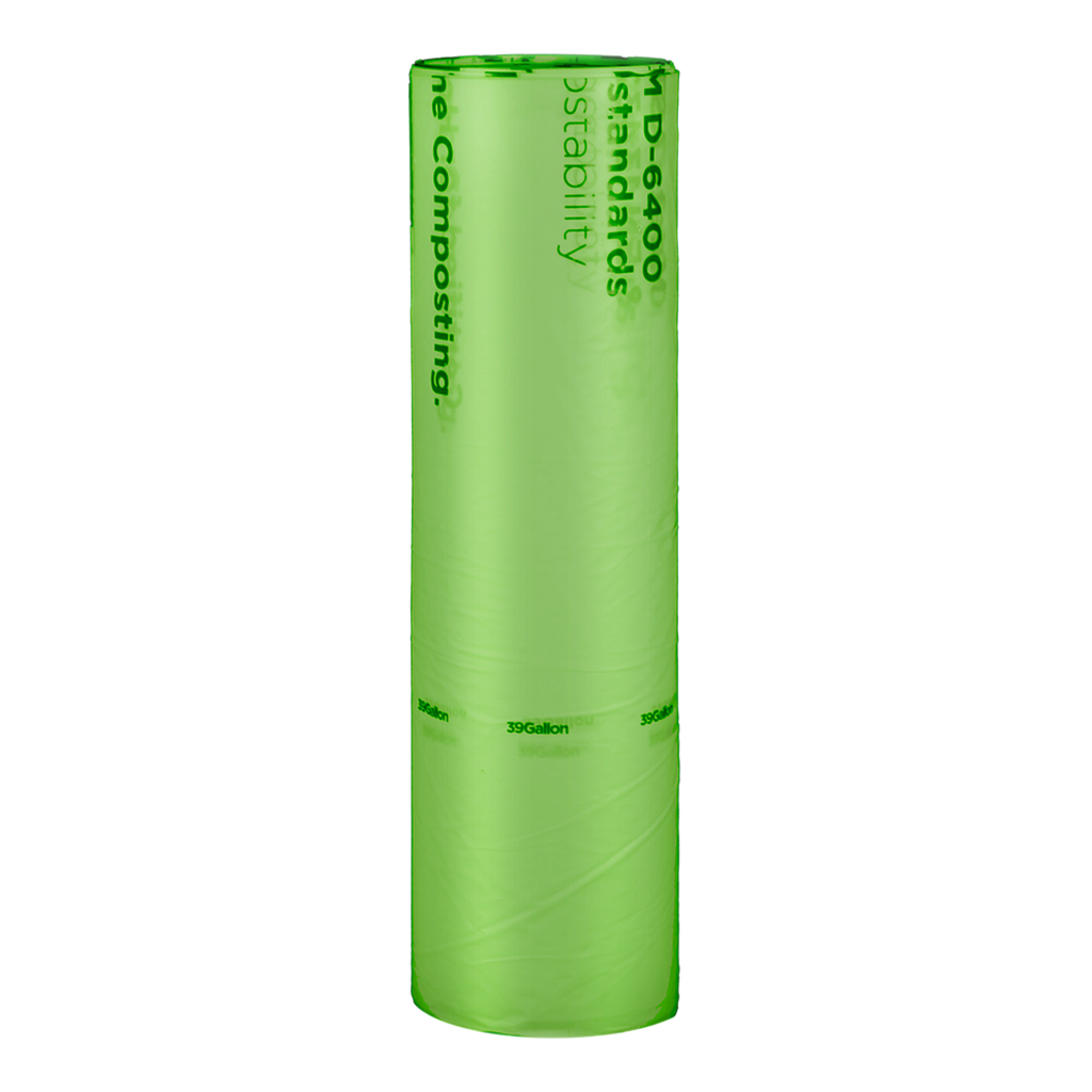 [017025-01] Can Liner, 35"x43", 1 mil, Color: Green with Black Print, 39 Gallon Trash Bag, Compostable, 100/cs