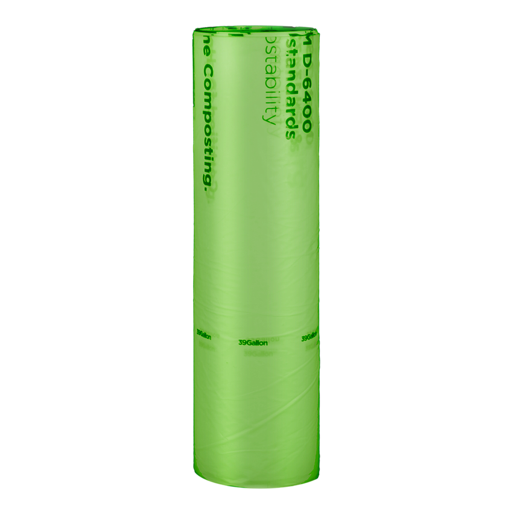 Can Liner, 35"x43", 1 mil, Color: Green with Black Print, 39 Gallon Trash Bag, Compostable, 100/cs