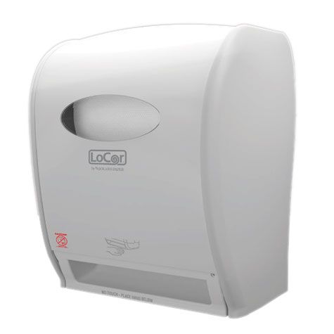 Touchless Electronic Hard Wound Roll Towel Dispenser, Finish: White, SOLARIS NVI LOCOR, Dimensions: 15.75"H X 12.2"W X 9.6"D, Uses 4 D-Size Batteries