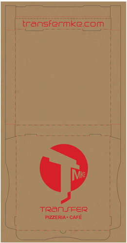 [022061-55] Custom Printed Pizza Box, TRANSFER PIZZERIA, Size: 16"X16"X1.75", Color: Kraft, Red Print; GCMI 78, Style: Michigan, B-Flute, 50/Bundle