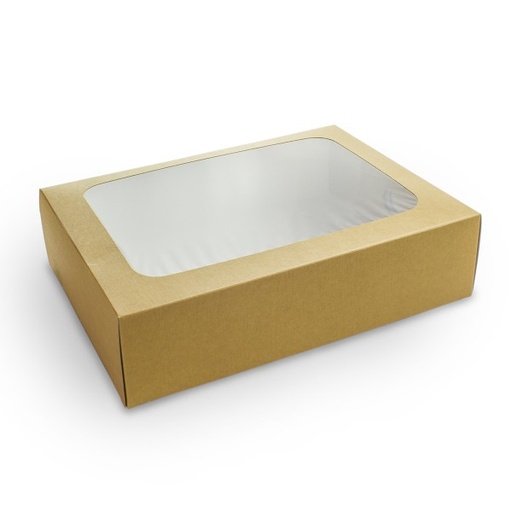 Platter box and insert, Regular, 12.2" x 8.9" x 3.2”, Compostable, Sustainable paper board and PLA window, Kraft, 25/cs, Special Order / Non-refundable,17.4lbs