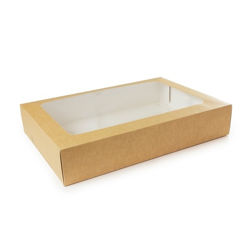 Platter box and insert, Large, 17.7”x12.2”x3.2”, Compostable, Sustainable paper board and PLA window, Kraft, 25/cs, Special Order / Non-refundable, 17.7lbs