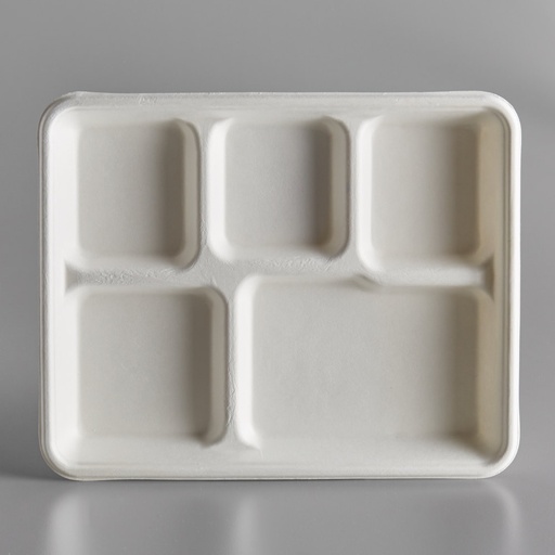 5 Compartment Food / School Tray, Color: Natural White, Material: Bagasse, 500/cs