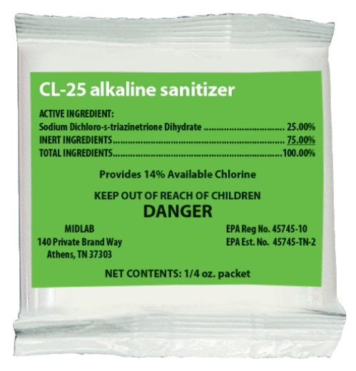 Powdered bar glass sanitizer, 0.25 oz packets; 100/cs