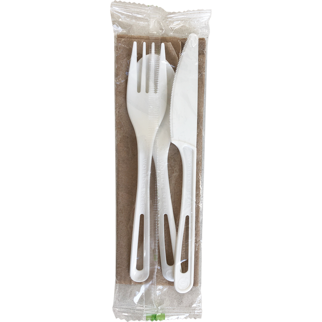 6" Ribbed Cutlery Kit: (Fork, Knife, Spoon, Napkin) ,TPLA, BPI Certified Compostable, Color: White, 250/cs