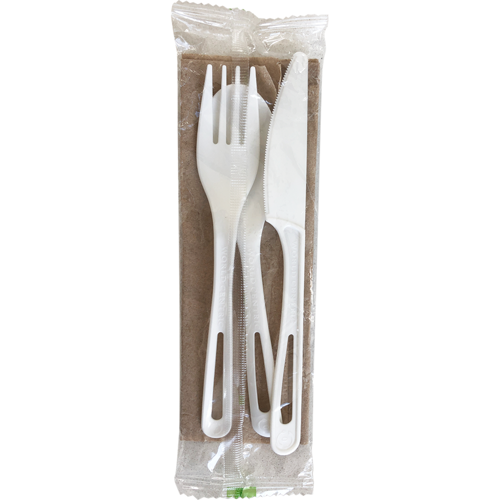 6" Ribbed Cutlery Kit: (Fork, Knife, Spoon, Napkin), Material: TPLA (PLA polymer made from plants, Talc mineral filler & Post Consumer Recycled Paper), BPI Certified Compostable, Color: White, 250/cs
