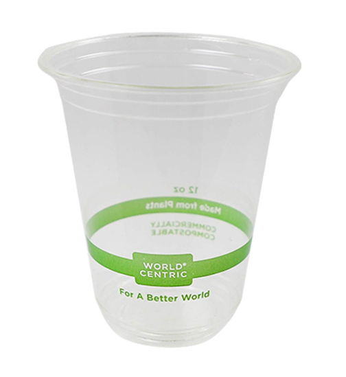 [002054-01] Cold Cup, 12 oz, Compostable, Material: PLA, Clear with Green stripe, 1000/cs