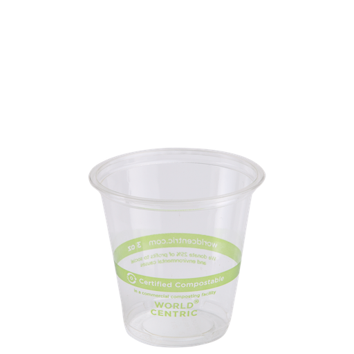 [002004-01] *SPECIAL ORDER ITEM* 3 oz Cold Cup, Color: Clear with green stripe, Material: PLA, Certified Compostable, 2500/cs *ESTIMATED DELIVERY 6-8 WEEKS* (NOT RETURNABLE)