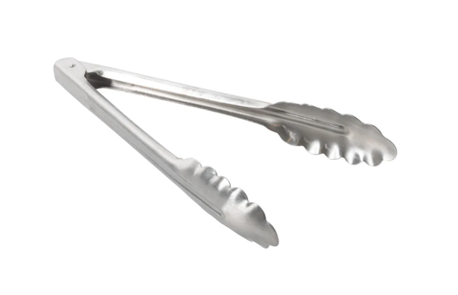Stainless Steel Utility Tongs, Heavy Duty, Length: 9.5", Scalloped Edges, Spring Operated, Each