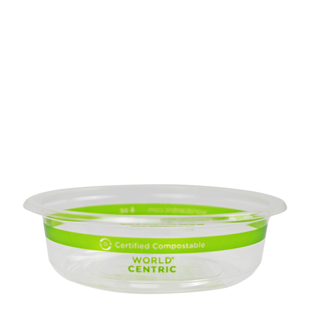 8 oz Round Deli Container, Material: PLA, Color: Clear with green stripe, Certified Compostable, 1000/cs