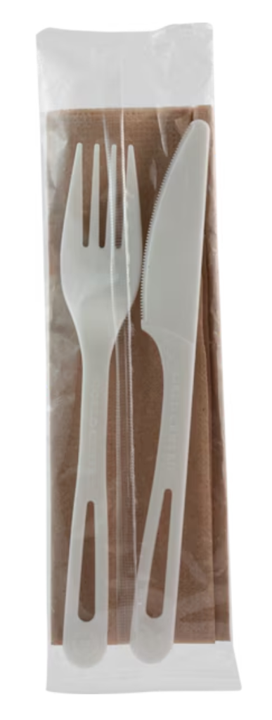 *SPECIAL ORDER ITEM* Cutlery Kit: (Fork, Knife, Napkin), Compostable (including wrapper), Material: TPLA (PLA polymer made from plants, Talc mineral filler & Post Consumer Recycled Paper), Size: 6", Color: White utensils with Kraft napkin, 500/cs *ESTIMATED DELIVERY 8 TO 10 WEEKS* (NOT RETURNABLE)