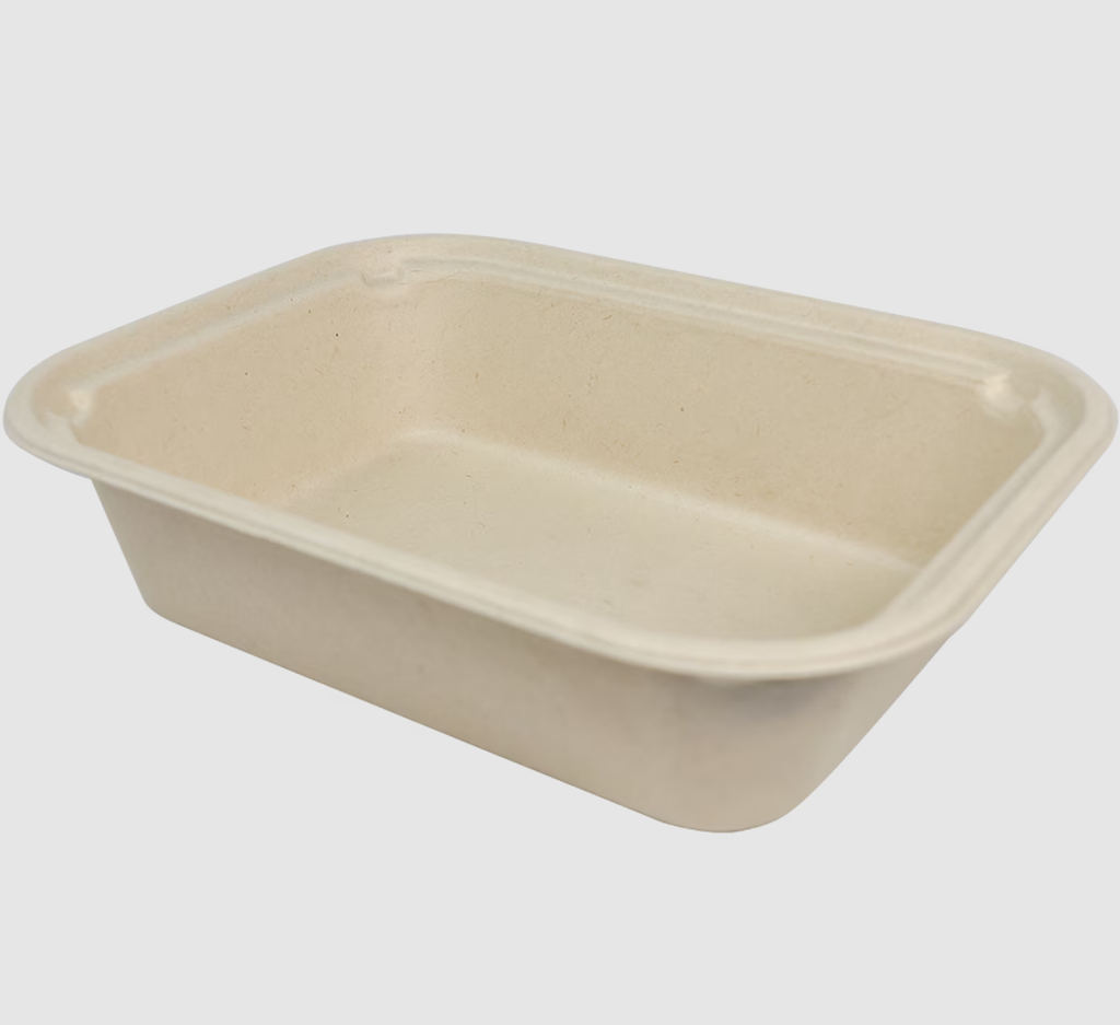 60 oz Rectangular Fiber Container, Size: 9.8"x7.5"x2.7", Color: Natural, Material: Unbleached Plant Fiber, Certified Compostable, No PFAS Added, 400/cs