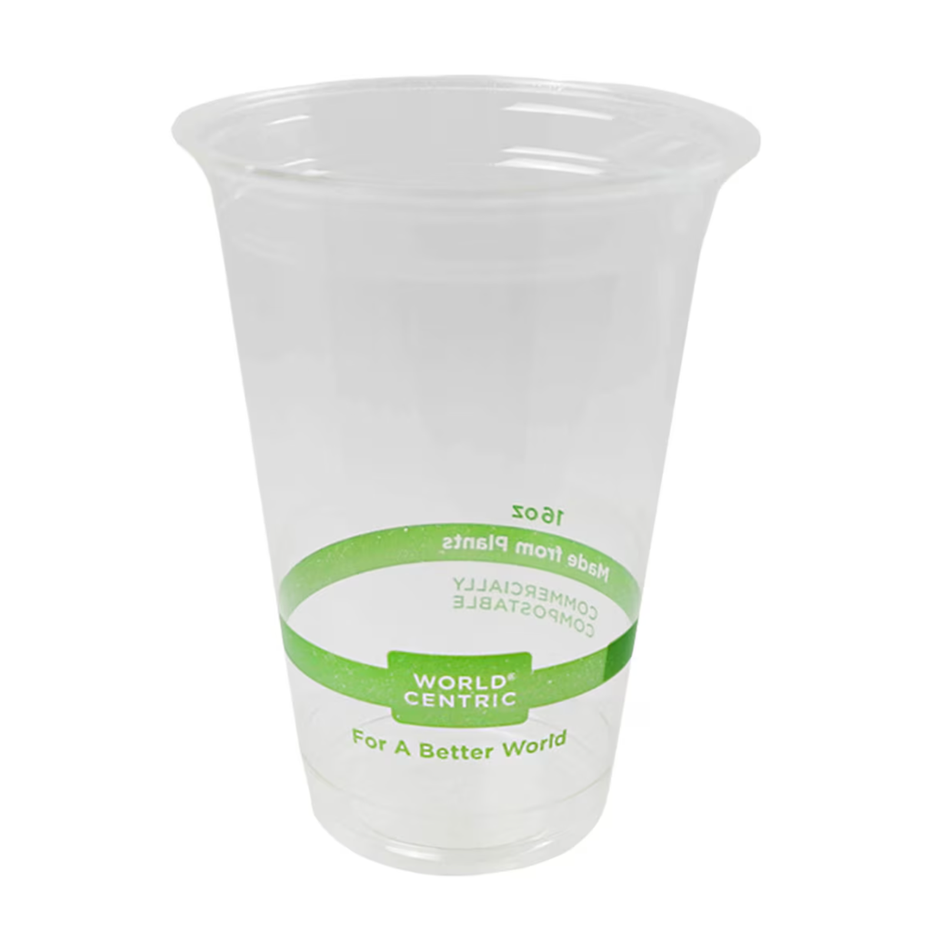 16 oz Cold Cup, Color: Clear with green stripe, Material: PLA, Certified Compostable, 1000/cs