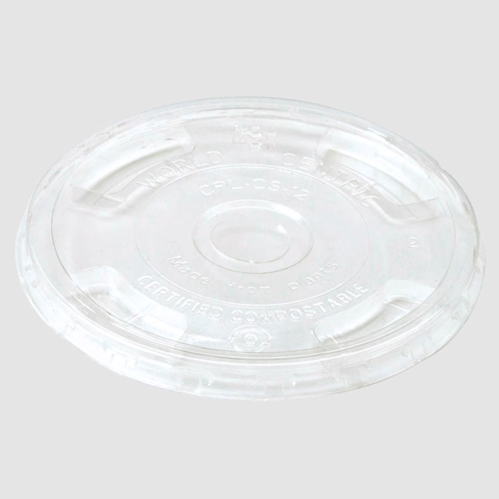 Flat Lid with Straw Slot for 16 oz & 20 oz cold cups with green stripe, Color: Clear, Material: PLA, Certified Compostable, 1000/cs