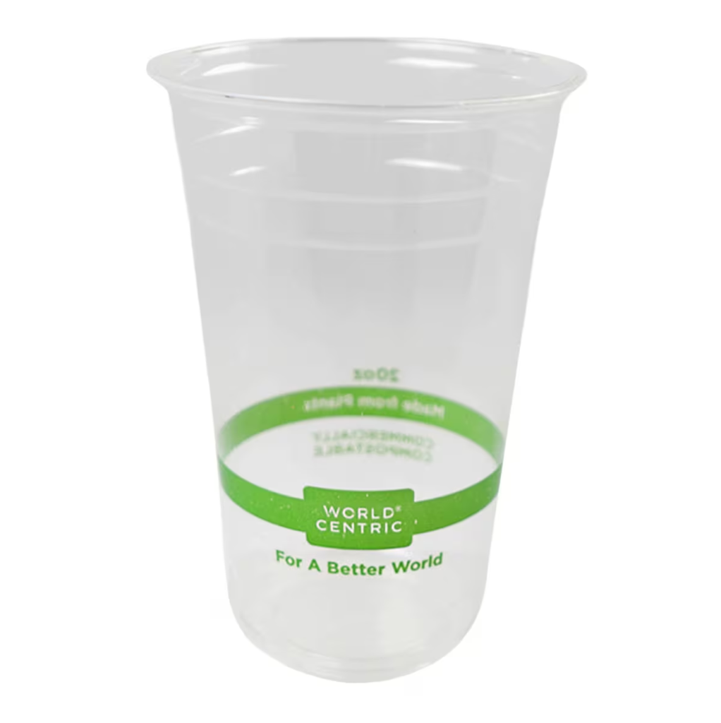 [002021-01] 20 oz Cold Cup, Color: Clear with green stripe, Material: PLA, Certified Compostable, 1000/cs