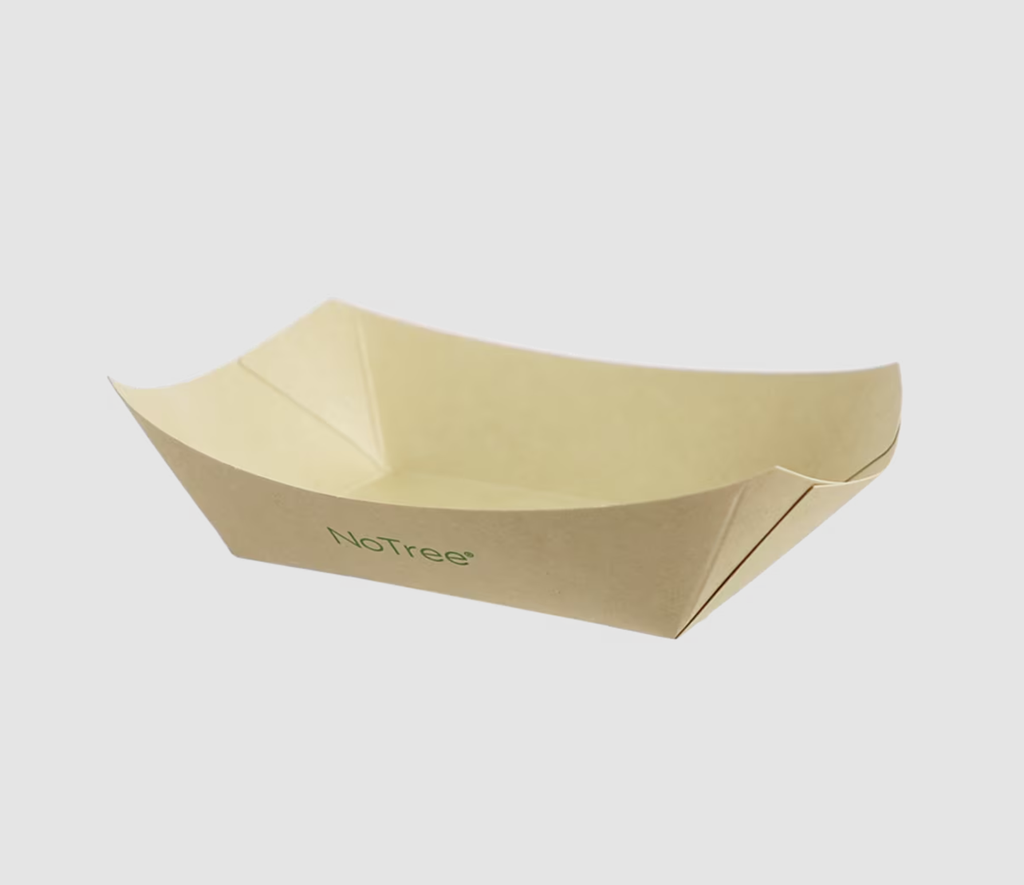 [004073-01] Food Boat Tray, Capacity: 2 lb, Size: 6.34"x4.72"x1.73"H, Material: 100% FSC certified bamboo with plant-based lining, Color: Natural, Certified Compostable, 1000/cs