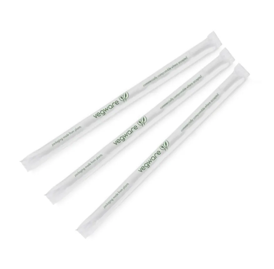 Compostable drinking straw, Length: 8.25", Paper Wrapped, Diameter: 5mm, PLA, Color: white with green stripe, 5000/cs