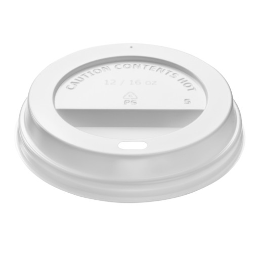 Dome coffee cup lid, Fits 10 oz, 12 oz, 16 oz & 20 oz hot cups, Color: White, Material: PS, Recyclable, 1000/cs