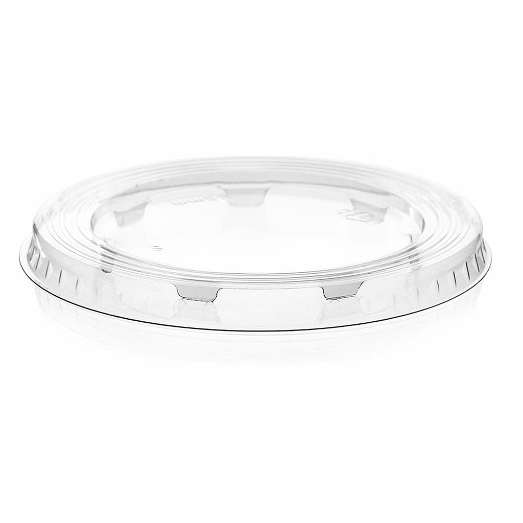 DRINK ECO Flat lid, No hole, Fits 9 oz, 12 oz, 16 oz & 20 oz cold cups, Color: clear, Material: 100% Post Consumer Recycled PET, Recyclable, 1000/cs