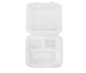 Take-Out Container, hinged, Size: 9"x9", 3-Compartment, Material: Sugarcane Fiber, Color: White, Compostable, 200/cs