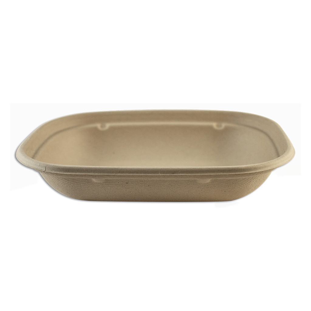 20 oz Fiber Tray, Size: 8.25"x6.75"x1.5”H, Material: Unbleached plant fiber w/ PLA Lining, Compostable, 400/cs