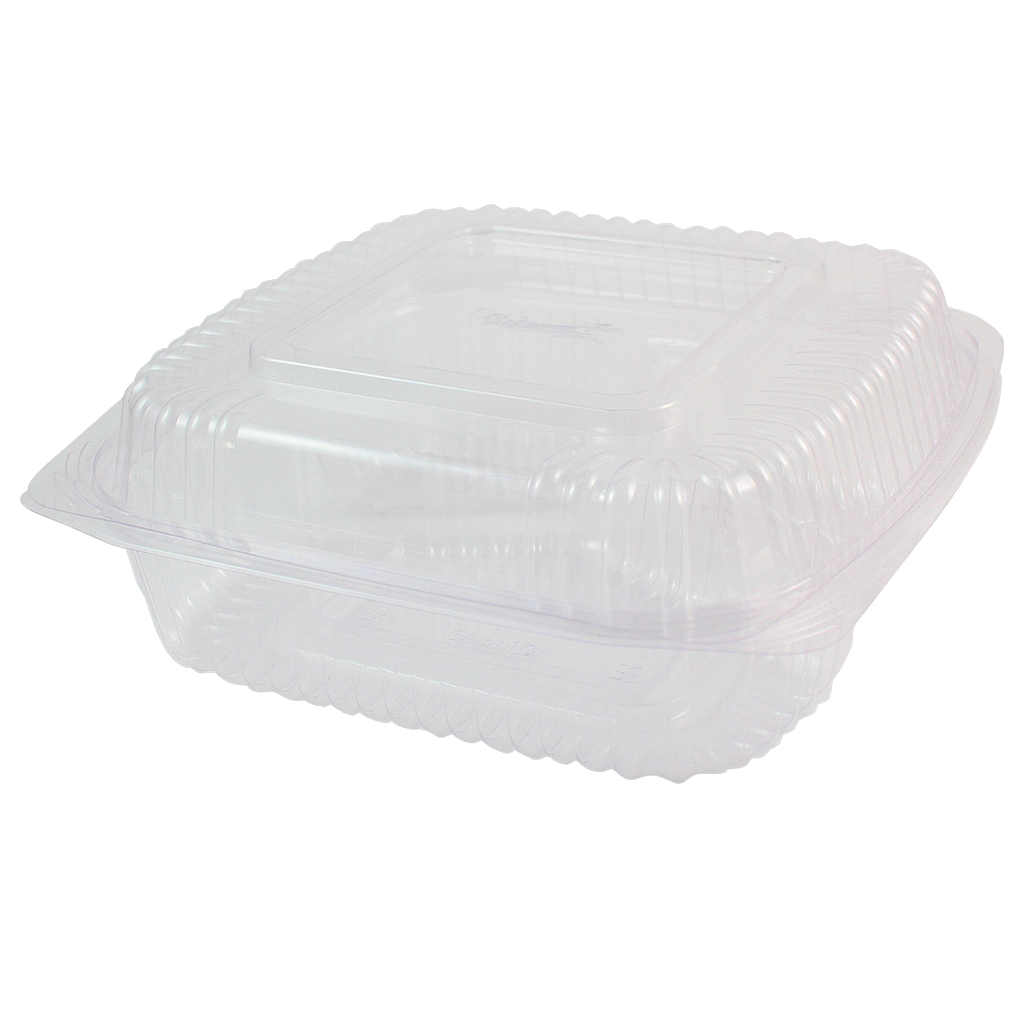 [004096-01] 1 Compartment Container, Hinged Clamshell, 8"x8"x3", Clear, Material: PLA, Compostable, 300/cs