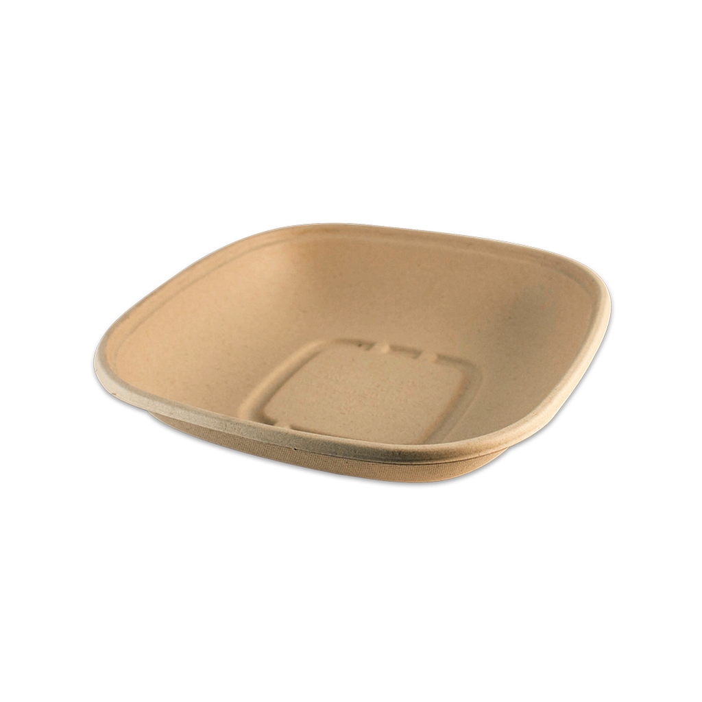 32 oz Fiber Square Bowl, Size: 8.3"x8.3"x1.8", Color: Natural, Material: Unbleached Plant Fiber, Certified Compostable, 400/cs